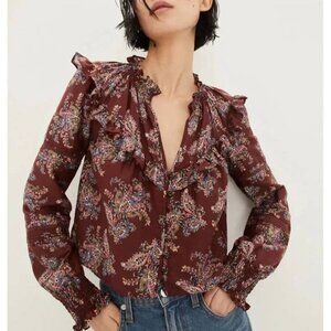 Veronica Beard Burgundy Paisley Ruffle V-Neck Blouse, Size 12